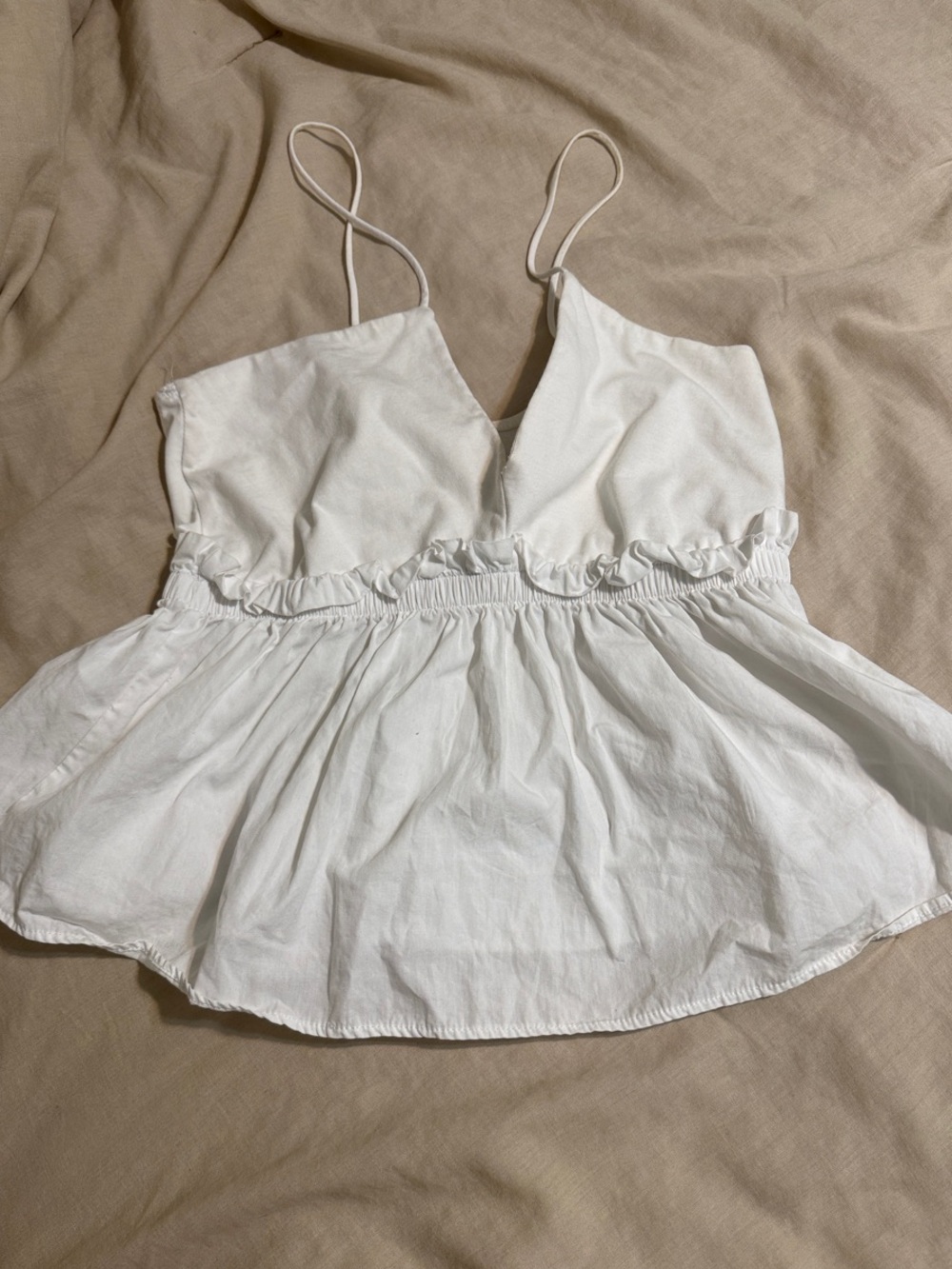 Zara White Spaghetti Strap Peplum Tank (Slight hole in v-neck) pictured.